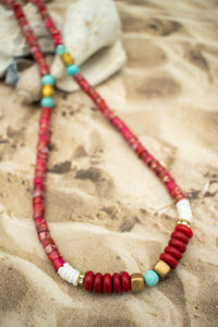 red bead necklace with lagoon blue, gold colored and white beads