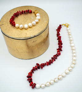 view of a Lava & Ice ocean red Necklace with a bracelet 