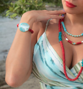 view of Marrakesh red trio set necklace with a matching bracelet