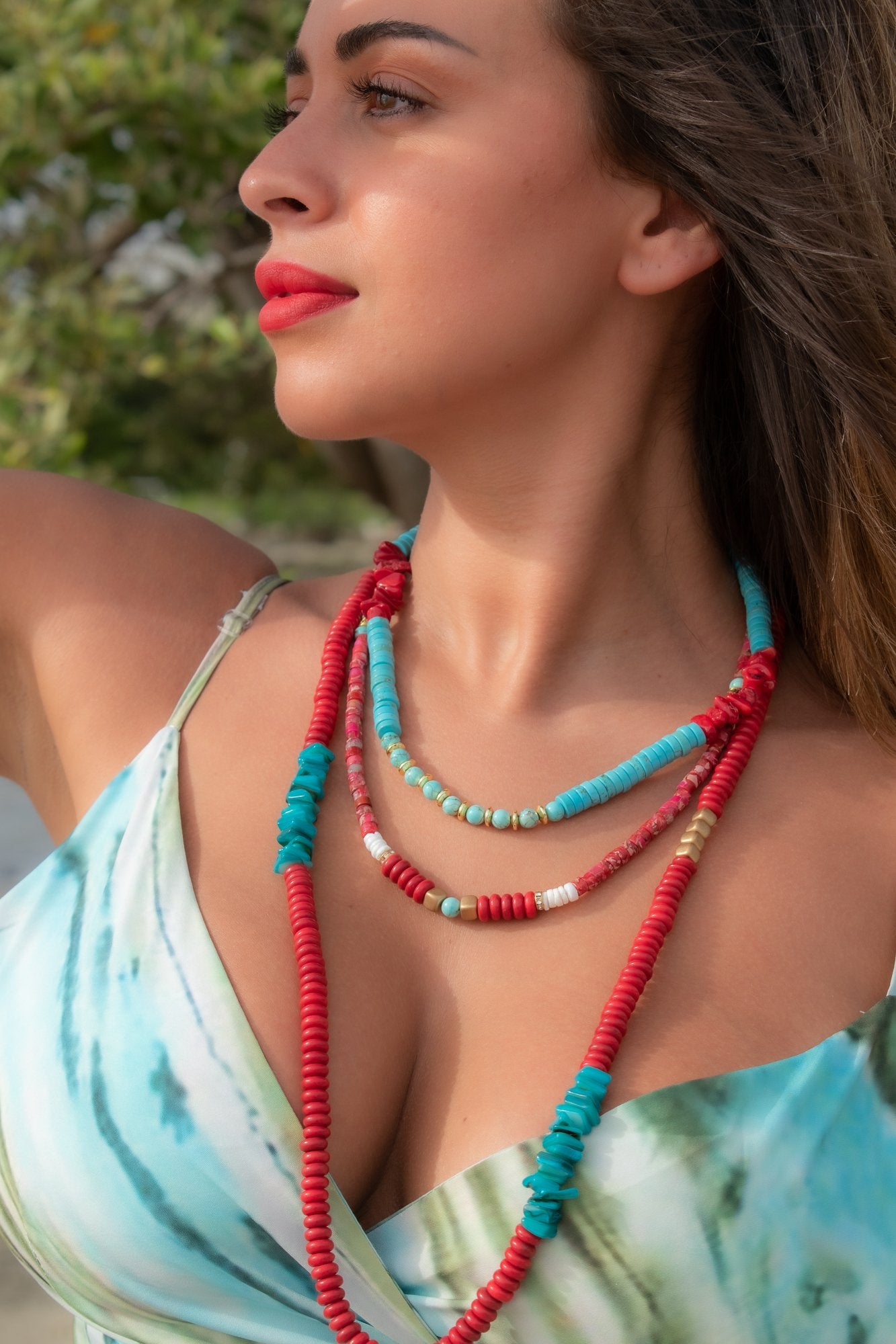 view of a woman wearing Marrakesh red trio set necklace