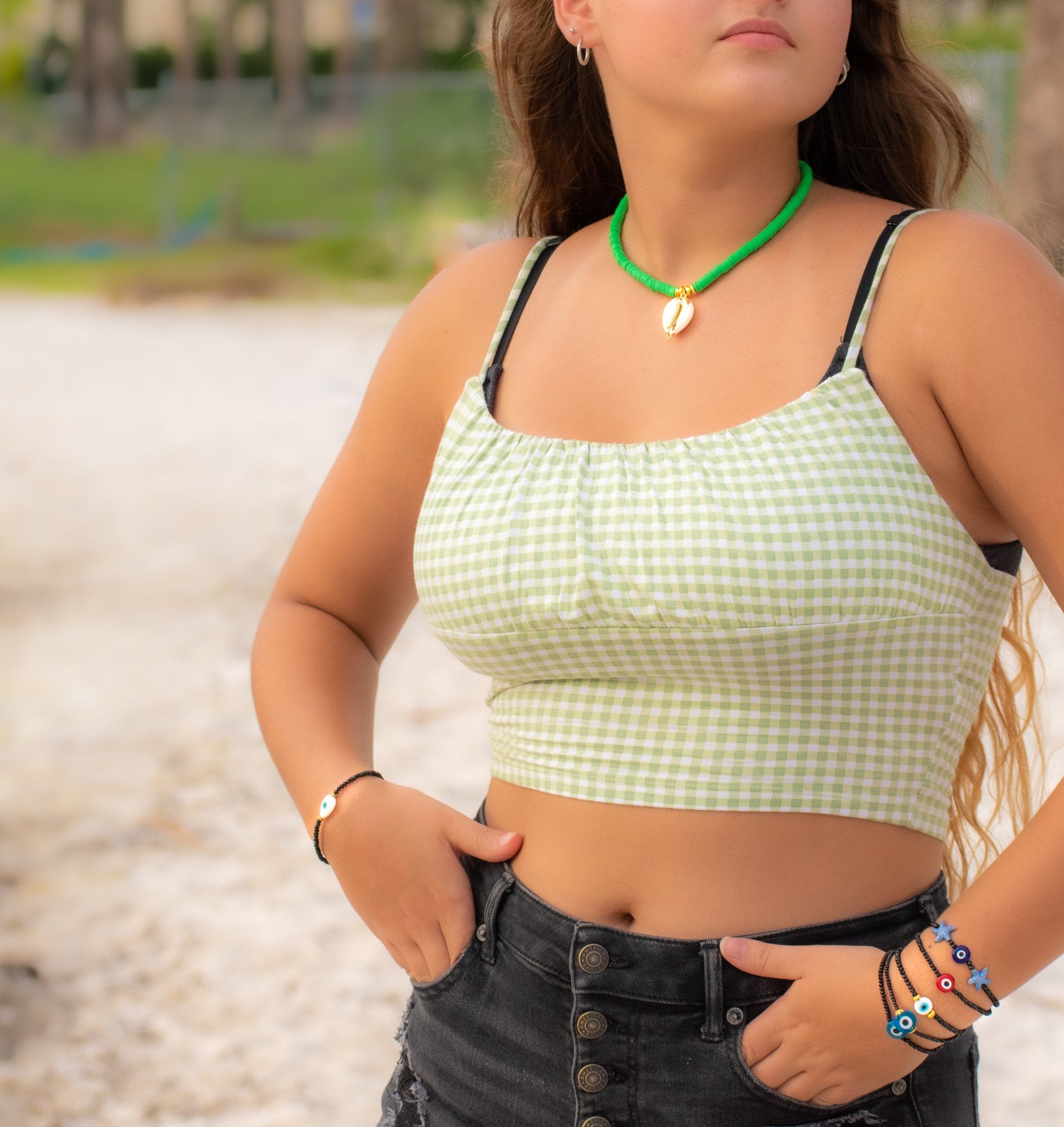 woman wearing Abigail Summer Shell Choker Necklace